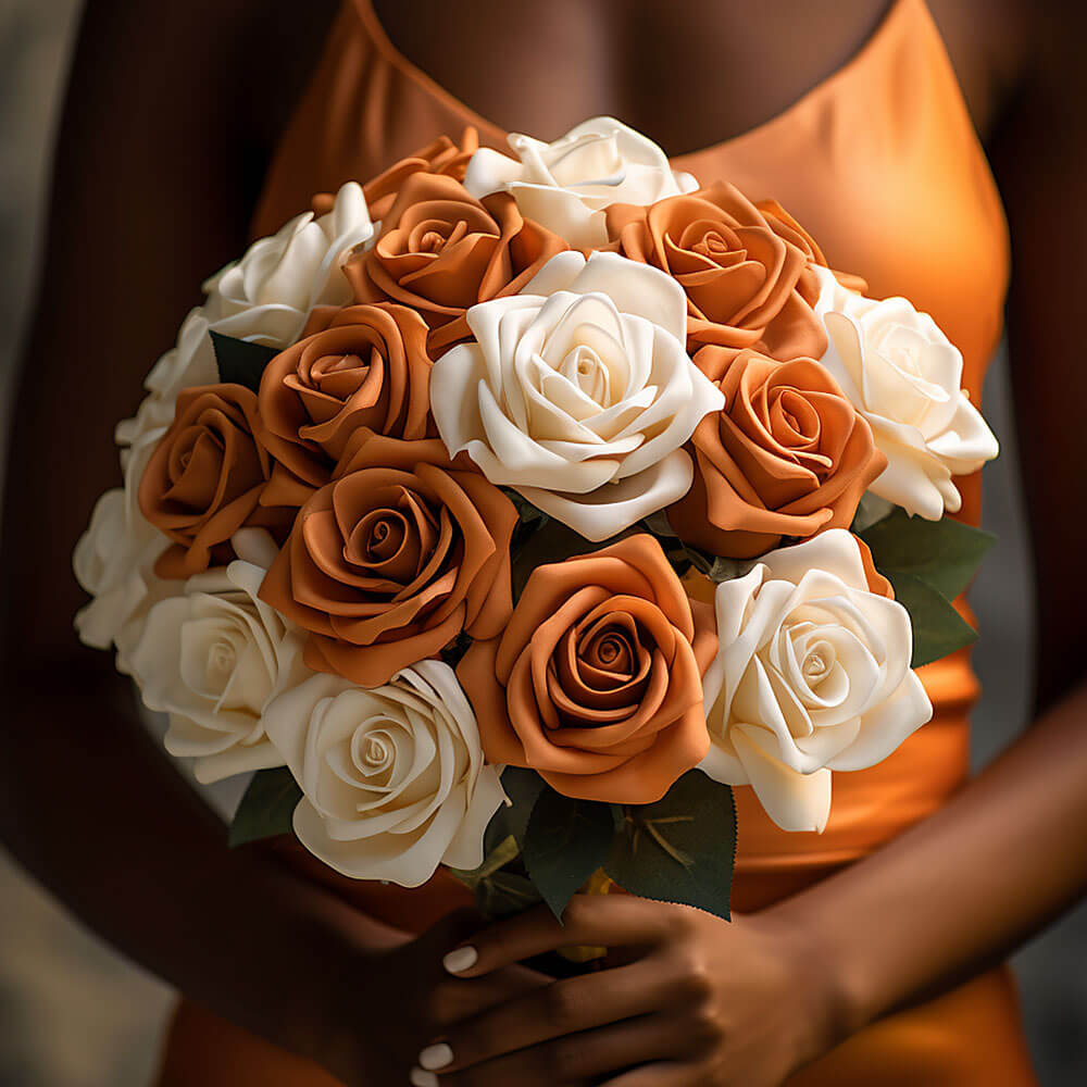 (BDx10) 3 Bridesmaids Bqt Royal Terracotta and White Roses For Delivery to Melbourne, Florida