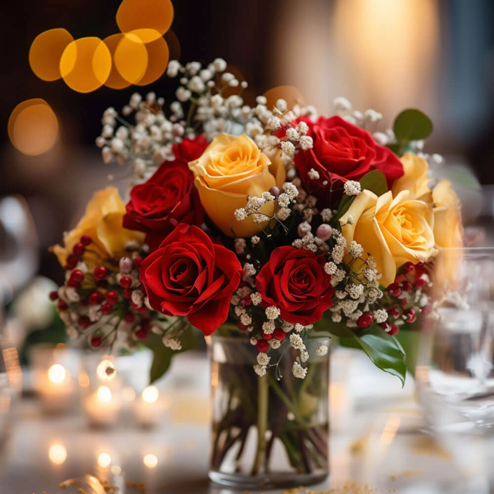 (BDx20) CP Classic Yellow and Red Roses 6 Centerpieces For Delivery to Mcallen, Texas