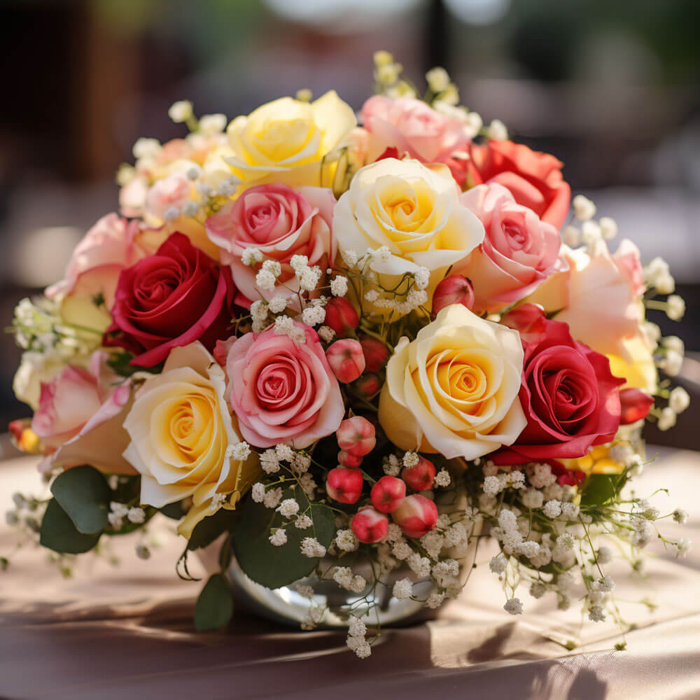 (BDx10) Classic Assorted Roses Table Centerpiece For Delivery to Brighton, Massachusetts