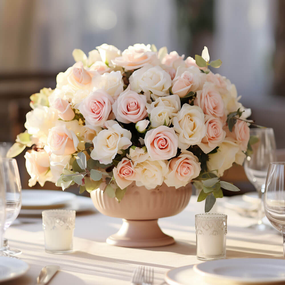 (BDx10) Romantic Light Pink and Ivory Roses Table Centerpiece For Delivery to California