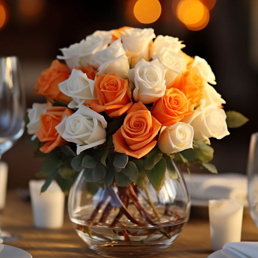 (2BDx20) CP Royal Orange and White Roses 12 Centerpieces For Delivery to Minnesota