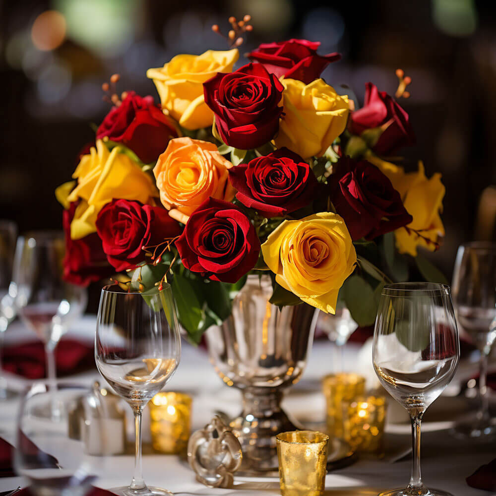 (BDx20) CP Royal Red and Yellow Roses 6 Centerpieces For Delivery to Indiana