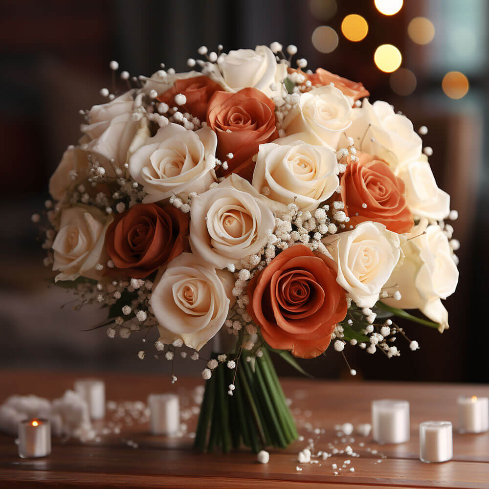 (2BDx20) Classic Terracota and Ivory Roses Table Centerpiece For Delivery to Pleasanton, California
