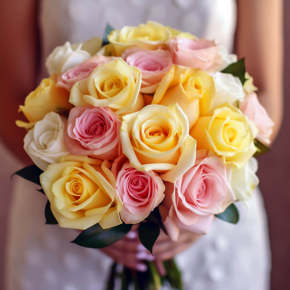 Bridesmaid Bqt Royal Yellow Lpink White Roses Qty For Delivery to Chesterfield, Virginia