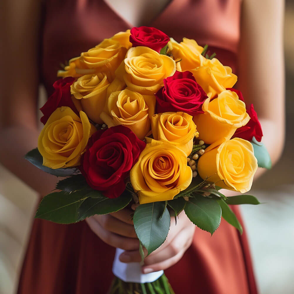 Bridesmaid Bqt Royal Red Yellow Roses Qty For Delivery to Santa_Cruz, California