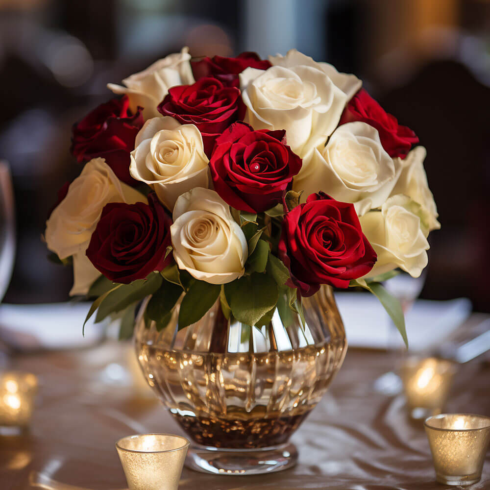 (BDx10) Royal Red and Ivory Roses Table Centerpiece For Delivery to Louisiana