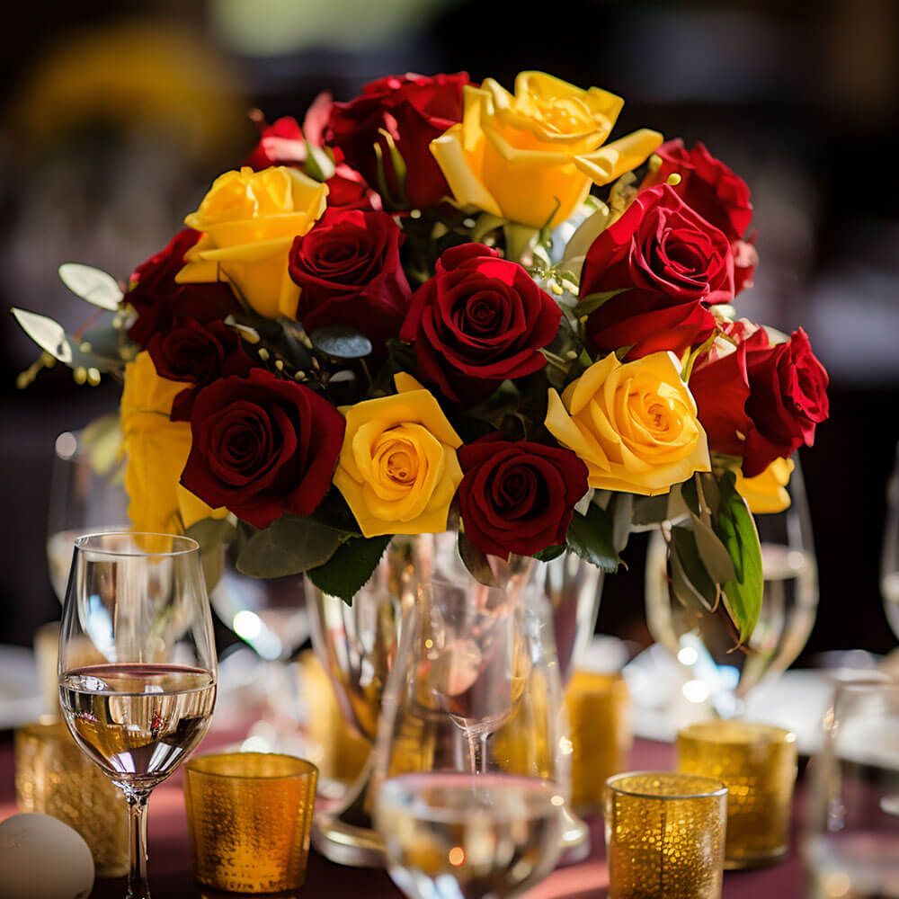 (BDx10) Royal Red and Yellow Roses Table Centerpiece For Delivery to Local.Globalrose.Com