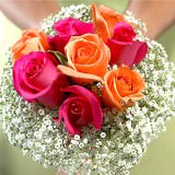 (BDx20) Classic Hot Pink and Orange Roses 6 Bridesmaids Bqts For Delivery to Michigan
