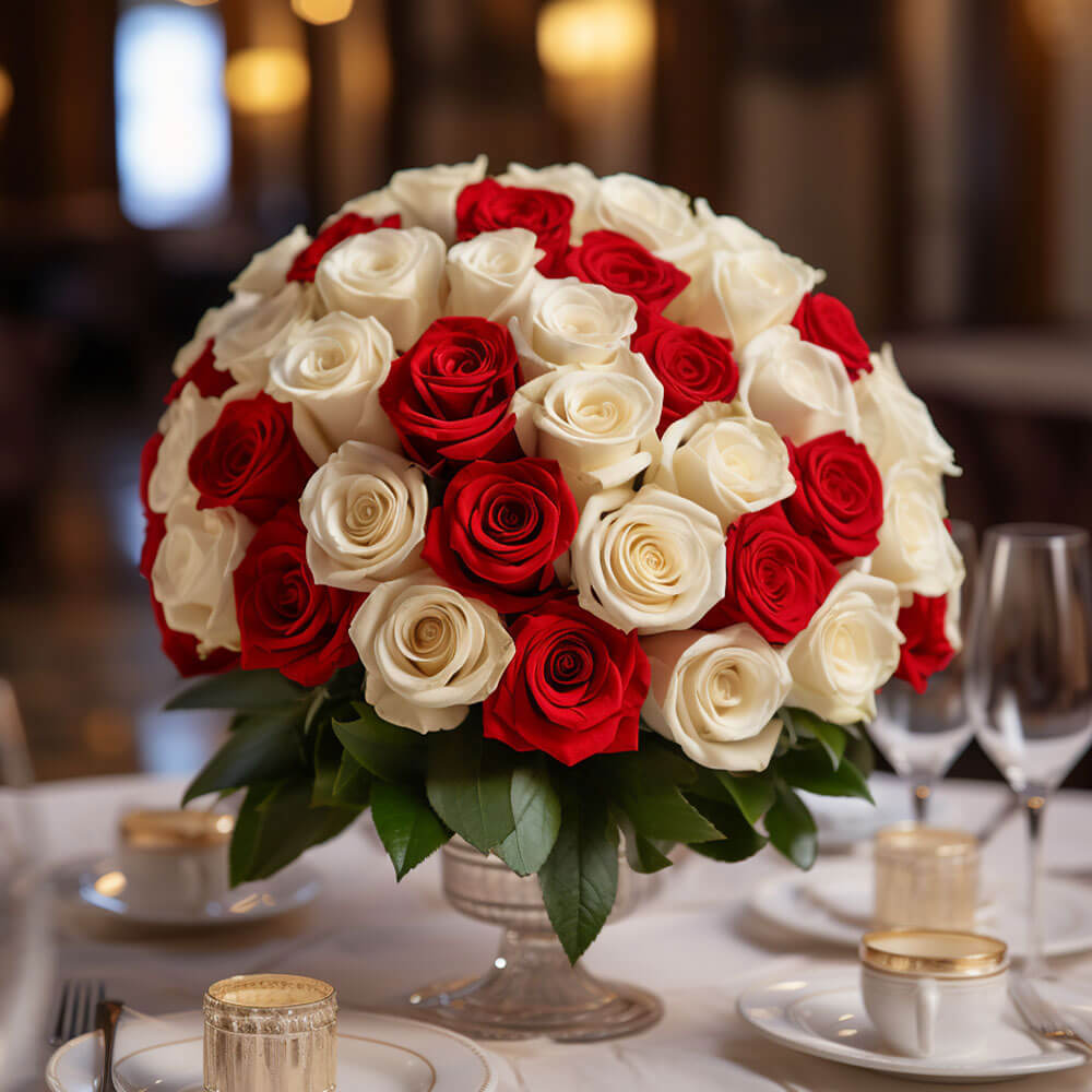 (BDx20) CP Royal Red and White Roses 6 Centerpieces For Delivery to Skokie, Illinois